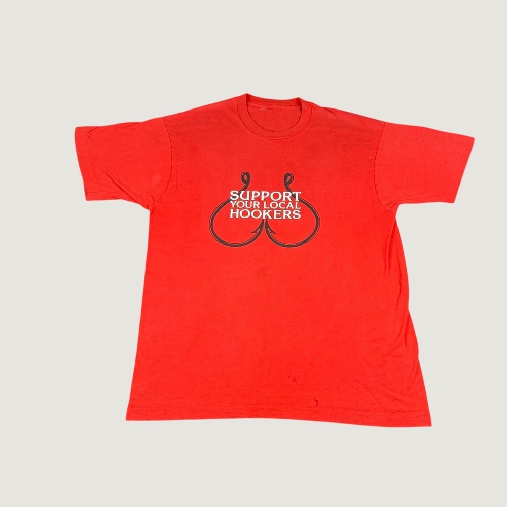 Vintage Support Your Local Hookers Red Graphic T-Shirt Single Stitch Fishing L